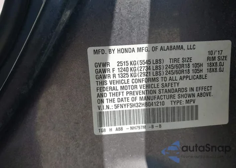 2017 Honda Pilot Ex from USA, damaged, VIN 5FNYF5H32HB041210